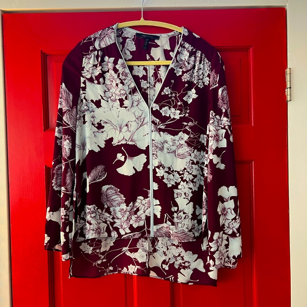 BCBG floral check blouse, size XS, bell sleeve